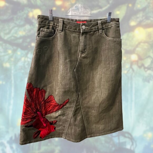 One-of-a-Kind Goldfish Embroidered Denim Skirt | A-Line | 32 waist - Picture 3 of 6